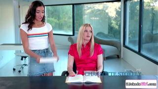 Lesbian student stripping then pussy licking blonde teacher